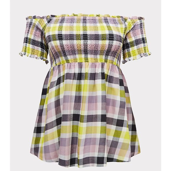 TORRID Plaid Peplum Babydoll Gauze Smocked Off-Shoulder Top NWT Size 1 - Picture 5 of 5